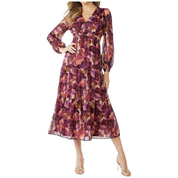 Sofia Vergara Tiered Midi Dress XL Dark Floral Cut Out Fall Jewel Tones Flowy - Picture 1 of 14